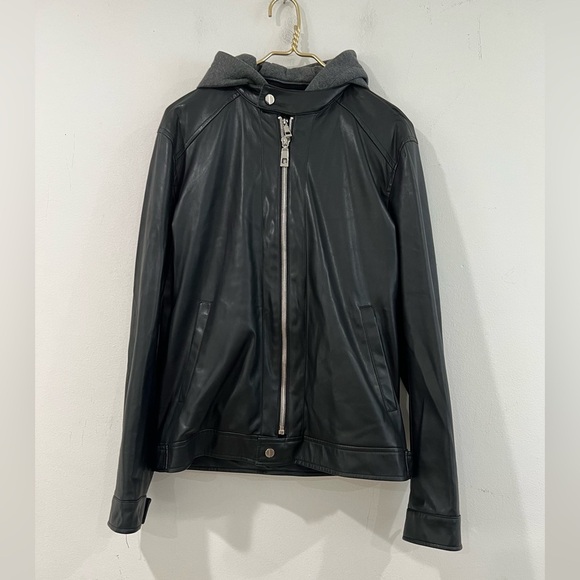 ZARA MAN Double Zipper Faux Leather Jacket Removable Hoodie - Picture 2 of 10